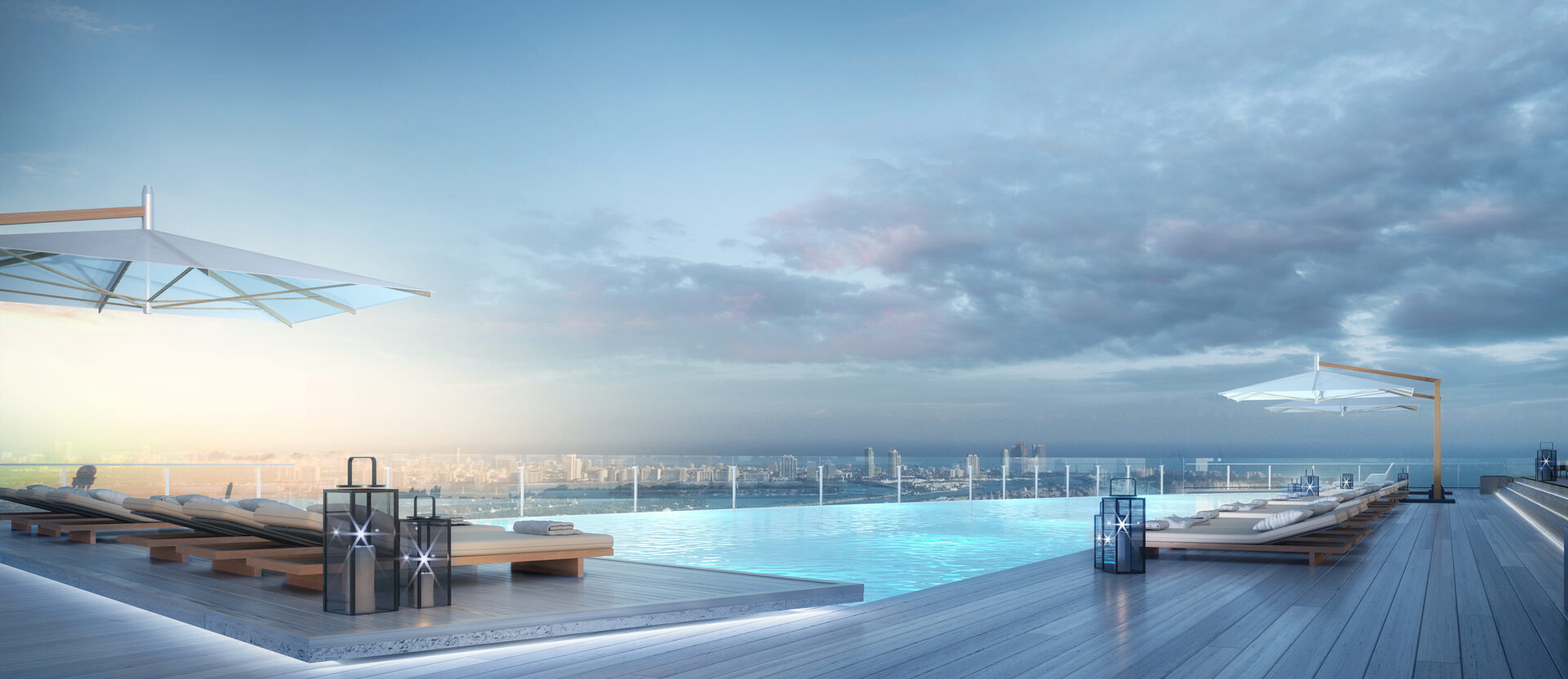 Infinity pool deck with Miami skyline panorama